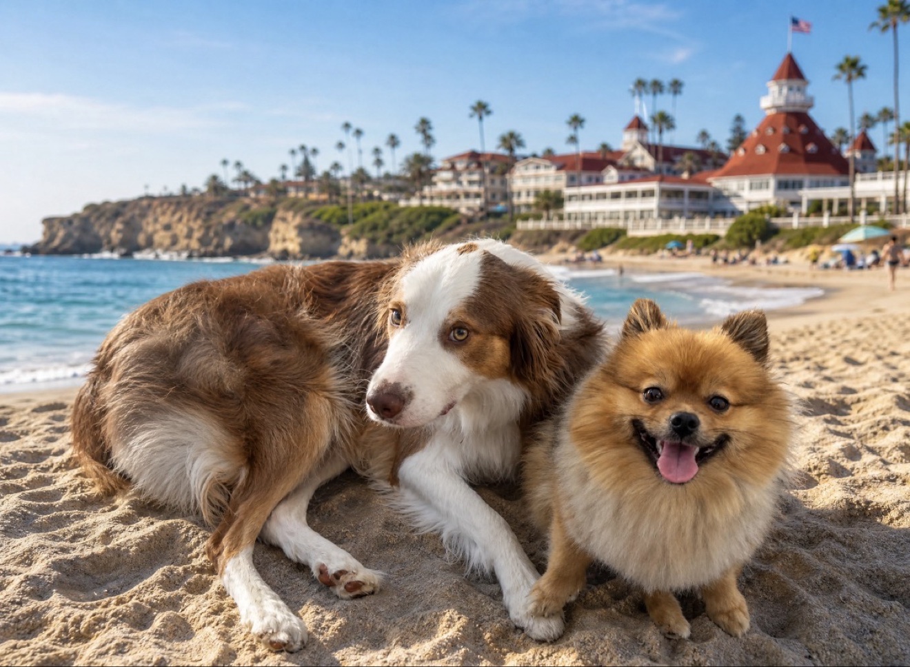 Boomer the brown-and-white Border Collie and Cookie the small Pomeranian together at the beach