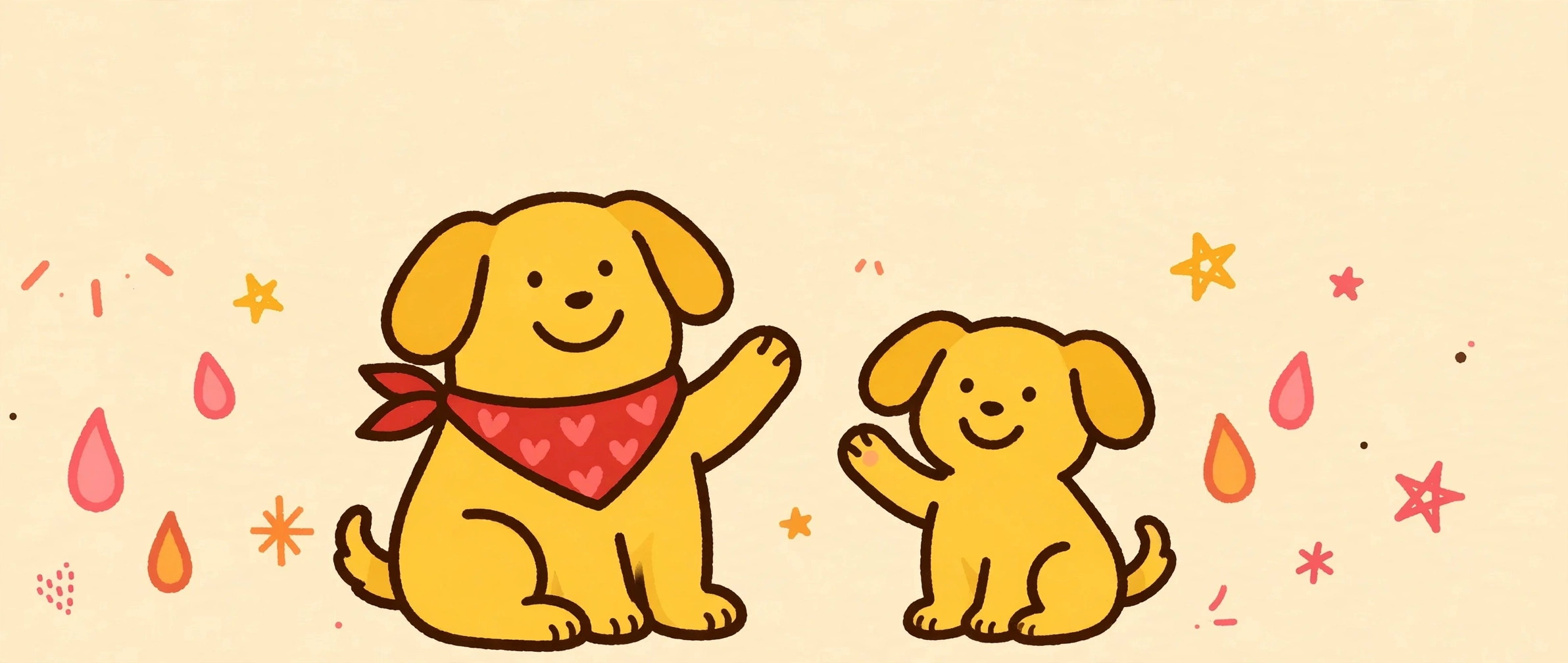 Two cheerful warm-yellow doodle dogs, one big dog wearing a red heart bandana and one small puppy, fully visible and waving together